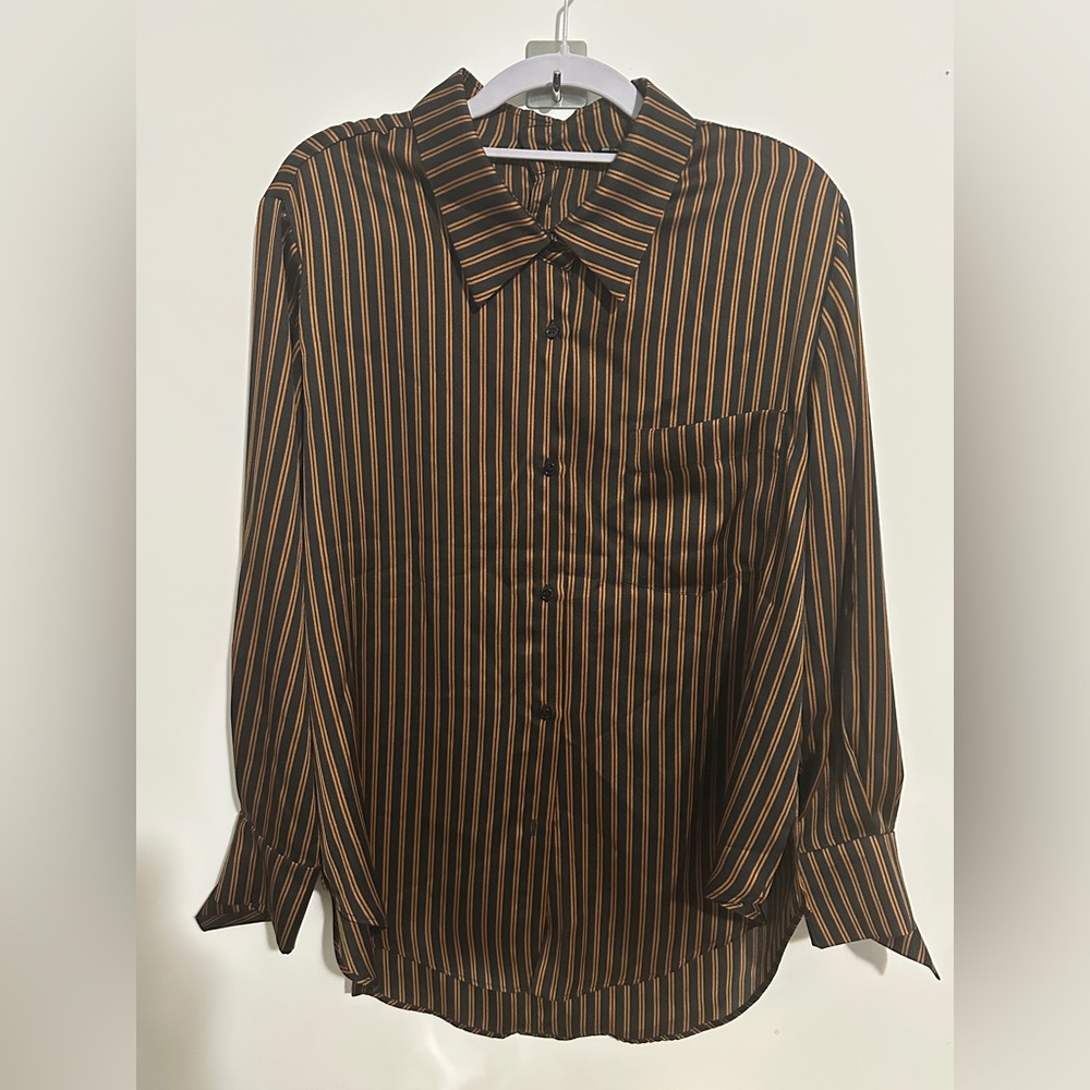 Zara Woman Silk Striped Button Front Blouse XS Black Brown Long Sleeve NWT